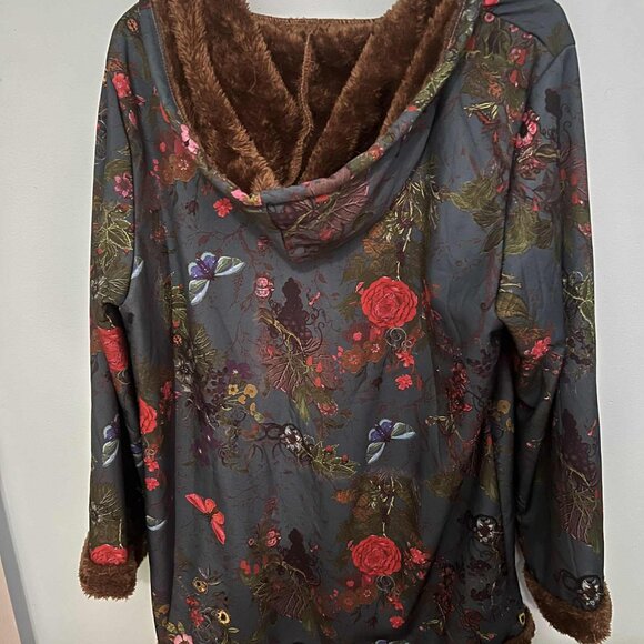 Women’s 2XL Floral Hooded Coat – Fleece Lined Button Front Winter Jacket - Picture 3 of 4